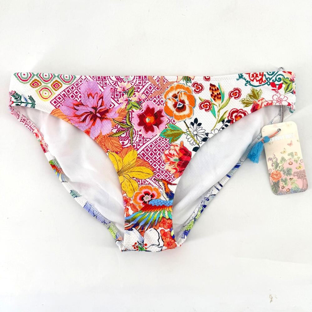 Johnny Was Reverse Pique Hipster Bikini Bottoms Sz S Paula Floral Bird Print